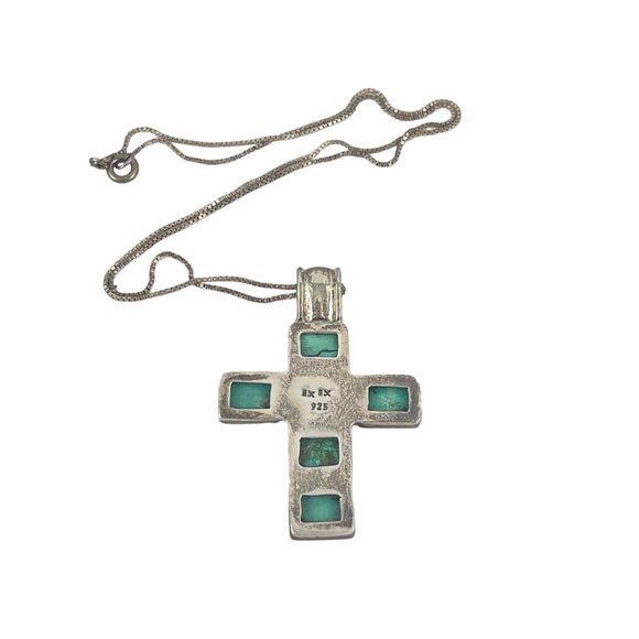 EXEX 925 Sterling Silver Claudia Agudelo Turquoise Cross Pendant Necklace Inlaid - Picture 5 of 9